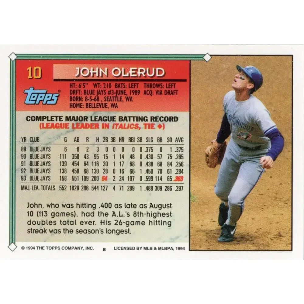 1994 Topps John Olerud # 10 Toronto Blue Jays